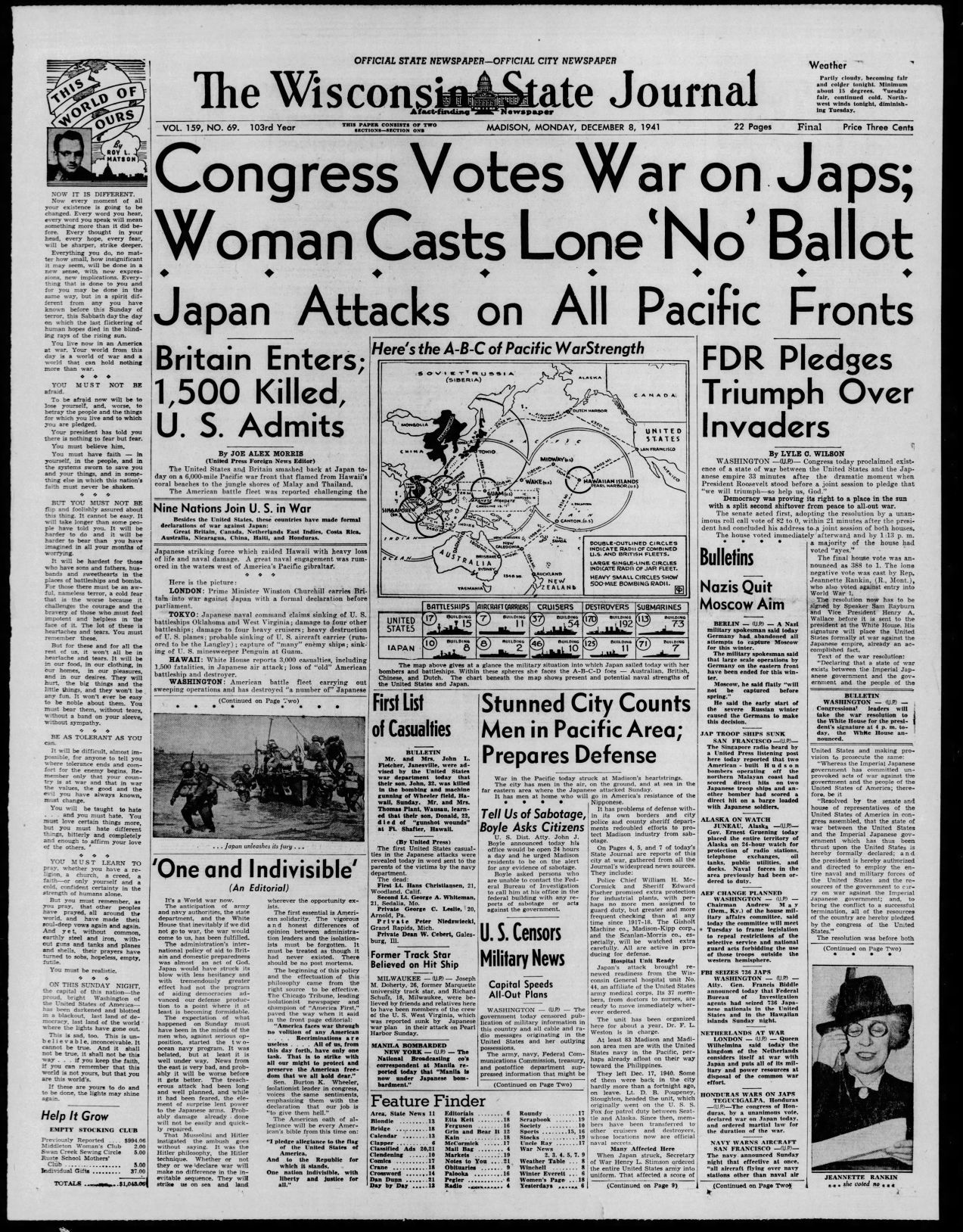 State Journal front page Dec. 8, 1941